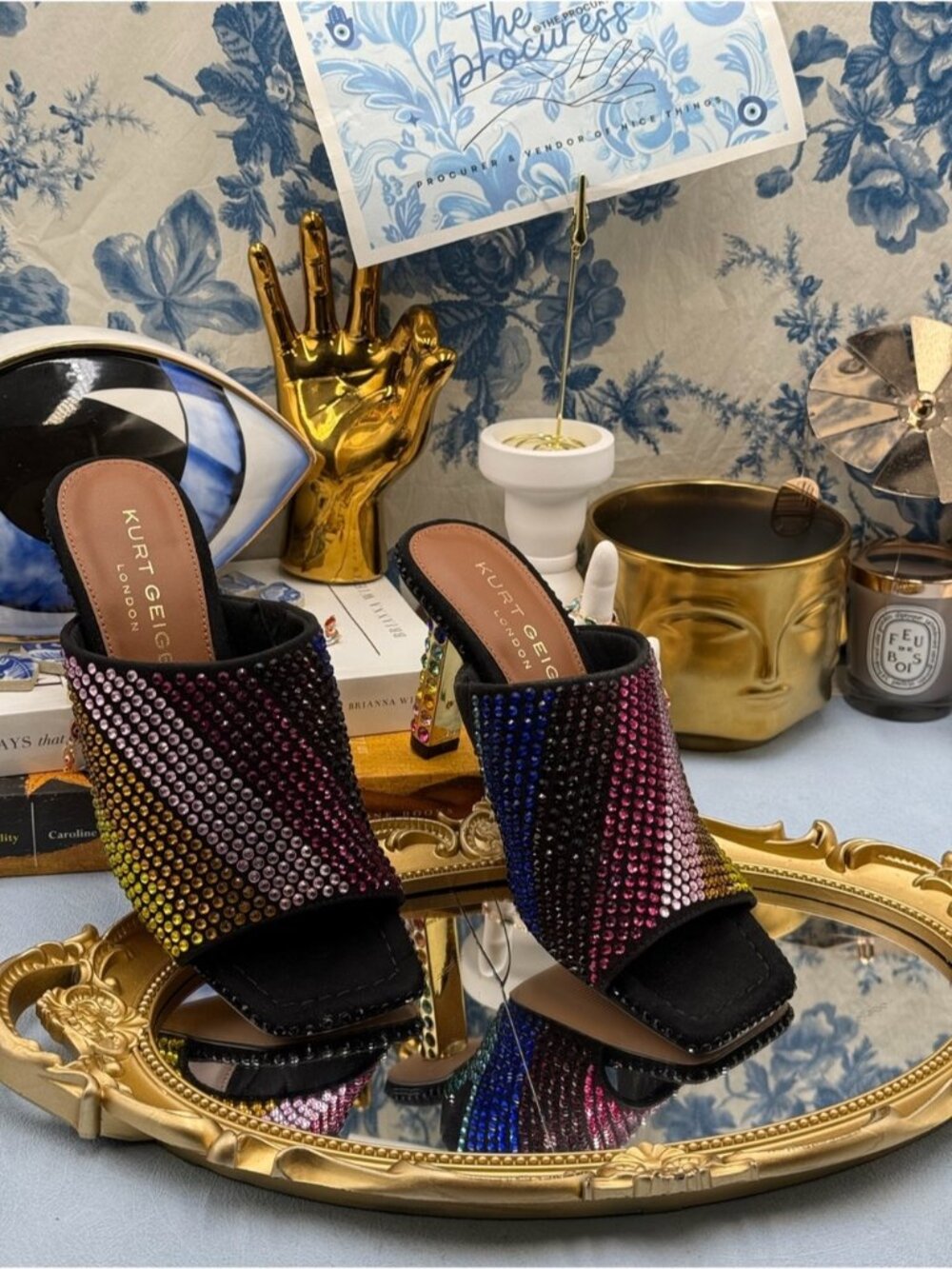 🆕 KURT GEIGER LONDON 🧿 NWOB Mayfair Rainbow Crystal High Mule Heel, Sz 36 US 6